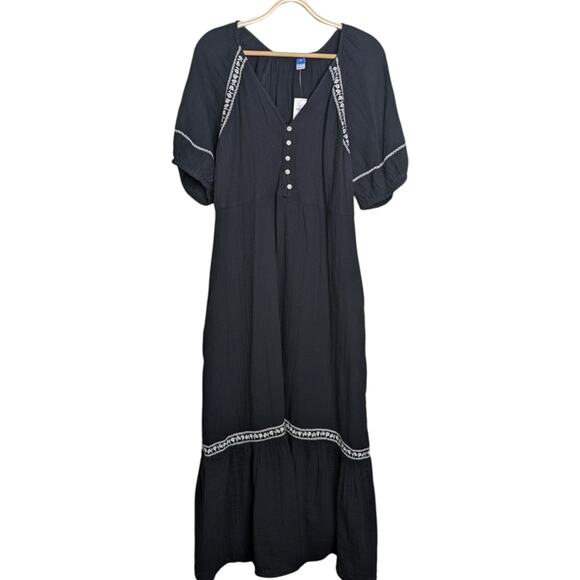 NEW Old Navy Maxi Peasant Dress XL Crinkle Crepe Embroidered Swing Black Boho - Picture 2 of 13